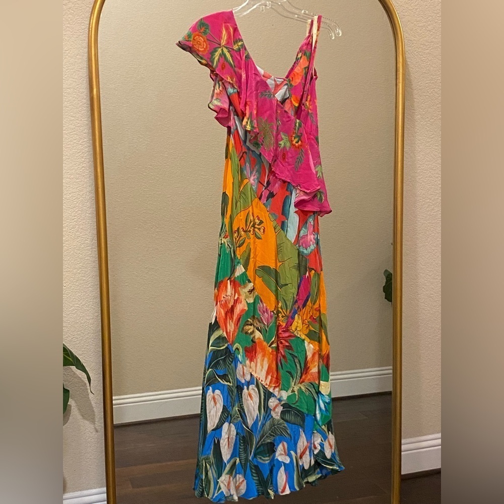 FARM Rio Mixed Flowery Ruffle One Shoulder Midi Dress Size M - Picture 10 of 16